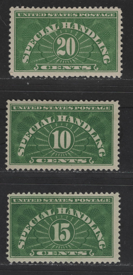 Lot 429 United States Of America #QE1-QE3 10c-20c Yellow Green Numeral On Engine Turned Background, 1925-1955 Special Handling Stamps, 3 Fine & VFOG Singles Wet Printing