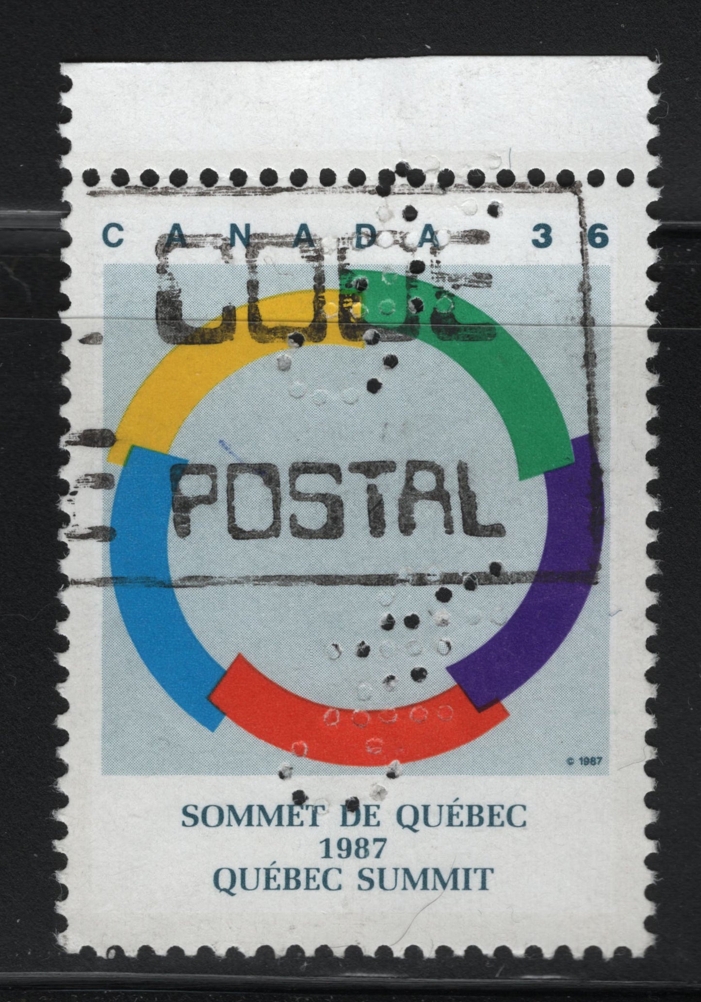 Canada #1146var 36c Multicoloured Quebec Summit Symbol, 1987 Quebec Summit Issue, A VF Used Single On LF3/LF3 Rolland Paper, Showing Sideways CNR Perfin