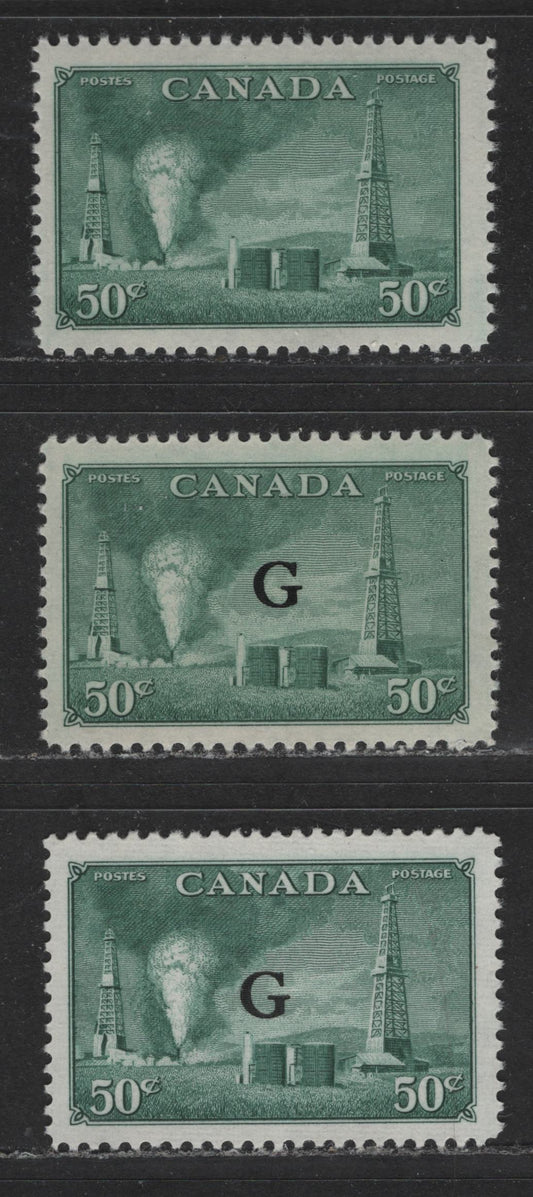 Lot 431 Canada #294, O24 50c Dull/Deep Dull Bluish Green Oil Wells, 1950-1952 Natural Resources Issue, 3 VFNH Singles On Smooth Crisp Vertical Wove & Horizontal Ribbed Papers, In Both Shades, With and Without "G" Overprint