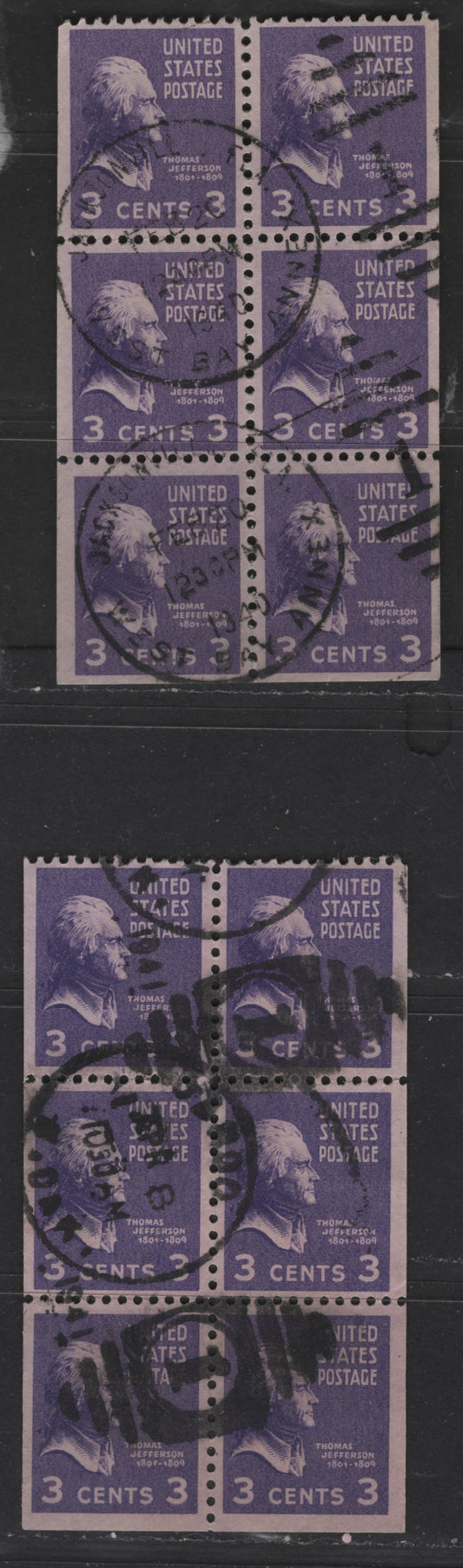 United States Of America #807a 3c Violet & Bright Violet Thomas Jefferson, 1938-1954 Presidential Issue, 2 VF Used Booklet Panes Of 6 Two Slightly Different Shades