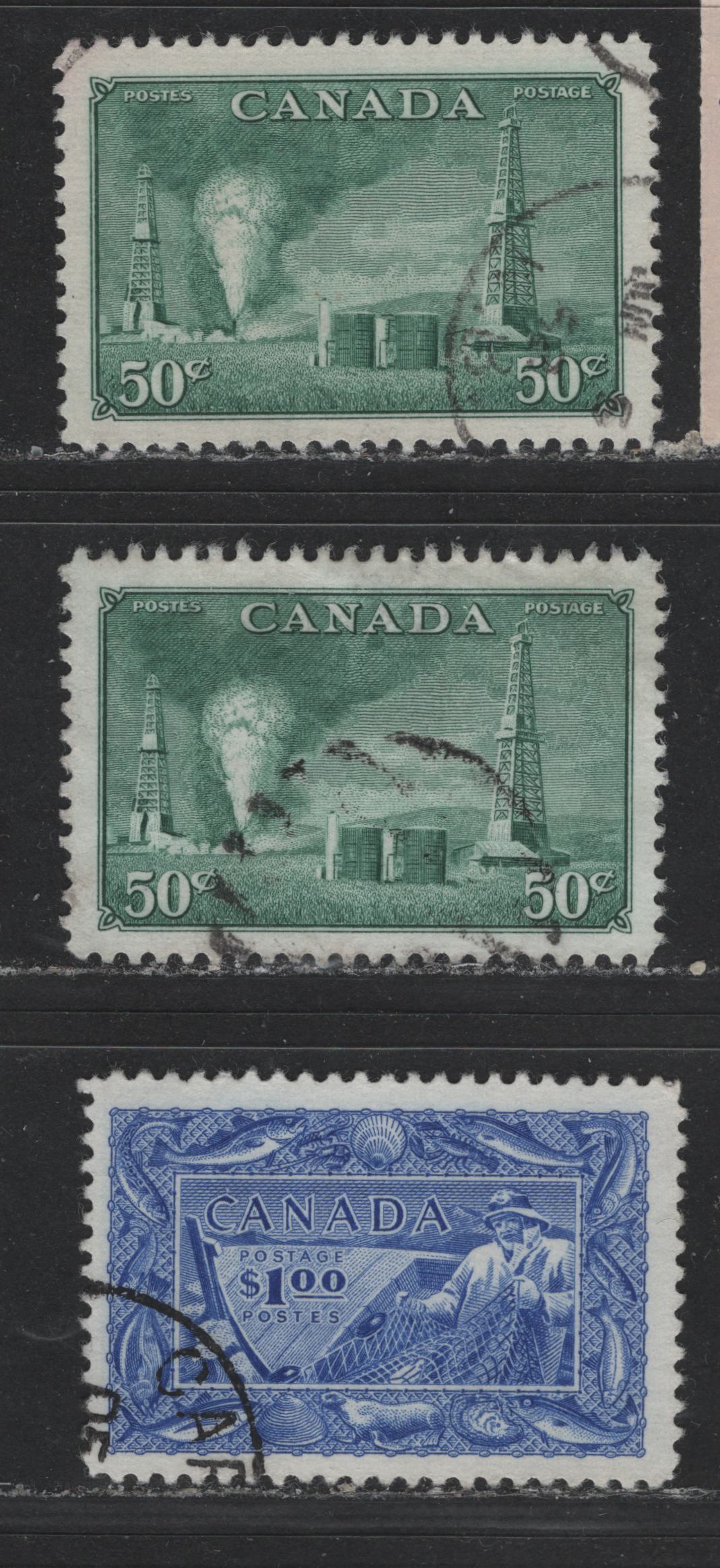 Lot 432 Canada #294, 302 50c, $1 Dull Green & Bright Ultramarine Oil Wells & Fisherman, 1950-1952 Natural Resources Issue, 3 VF Used Singles Including Both Printings Of The 50c