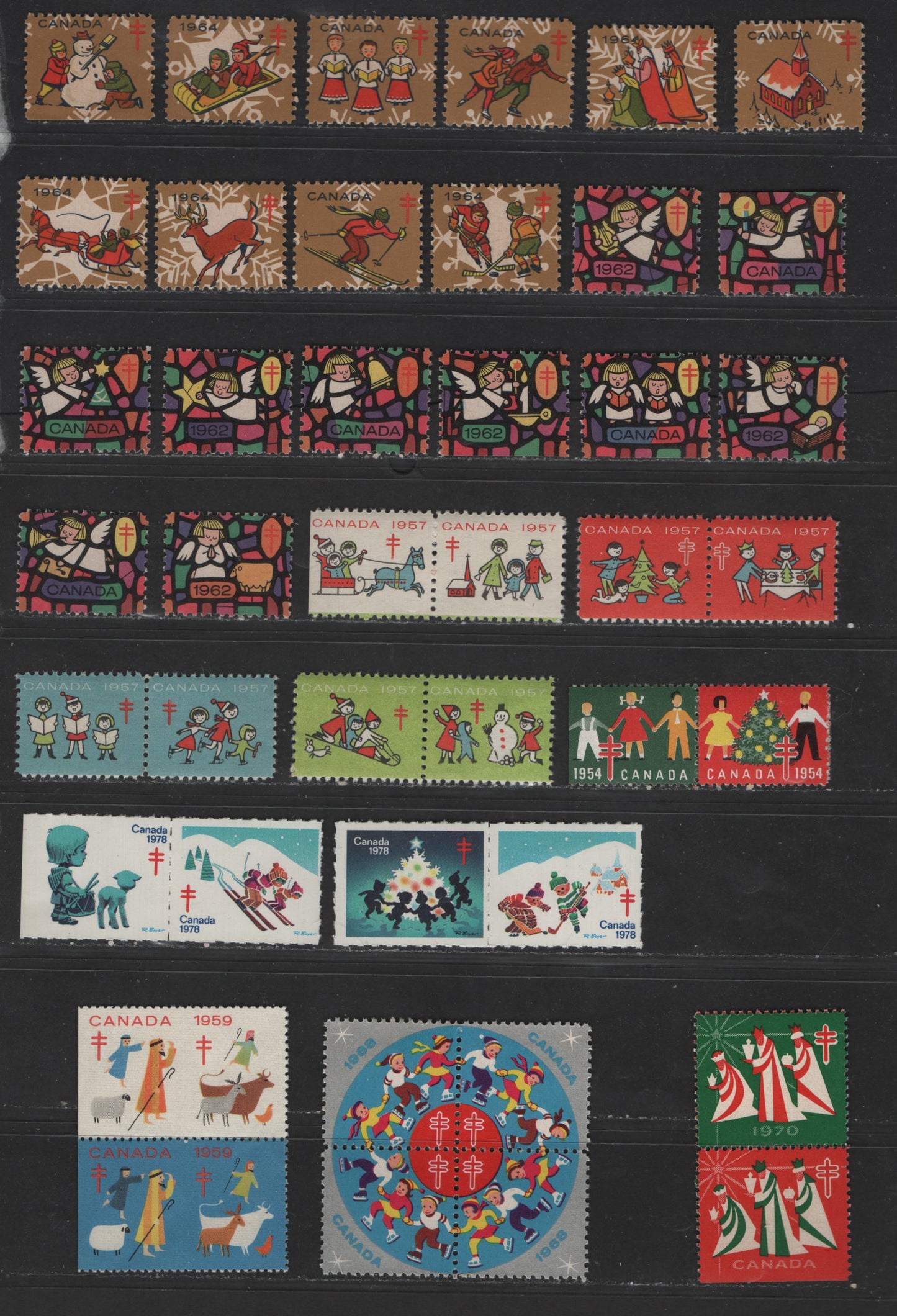 Canada #WX53/WX77  Multicoloured Various Christmas Designs, 1954-1978 Christmas Seal Issue, 20 VFNH Singles, 9 Pairs & Block