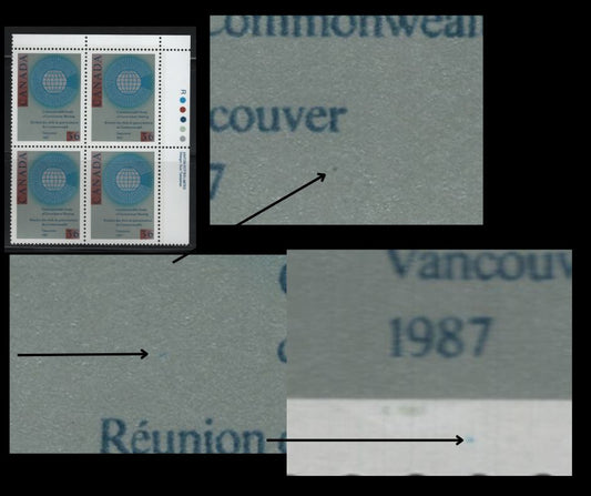 Canada #1147var 36c Multicoloured Commonwealth Emblem, 1987 CHG Issue, A VFNH UR Inscription Block On LF3/LF3 Rolland Paper With Three Constant Varieties (Pos. 9-10 & 20)