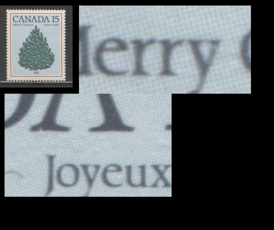 Canada #902var 15c Multicoloured Christmas Trees, 1981 Christmas Issue, A VFNH Single, Black Inscriptions Slightly Doubled, DF1/DF1 Paper