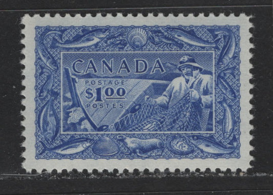 Lot 433 Canada #302 1 Bright Ultramarine Fisherman, 1950-1952 Natural Resources Issue, A VFNH Single On Smooth Appearing Vertical Wove With Light Horizontal Ribbing & Yellow Semi-Gloss Gum