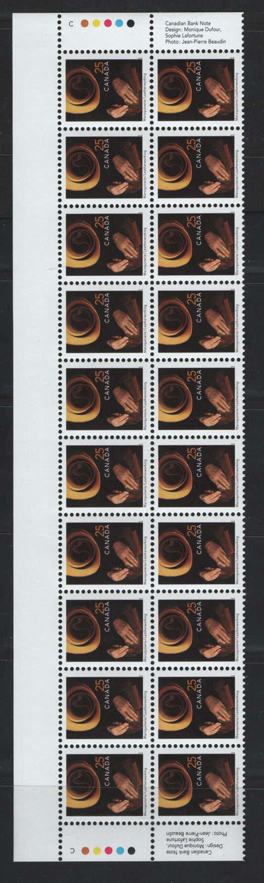 Lot 145 Canada #1680i 25c Leatherworking, 1999-2007 Traditional Trades Definitives, A VFNH Top Inscription Block Of 20 November 2001 CBN Reprint With Imperforate Selvedge And No Barcode, With Yellow-Orange Leather