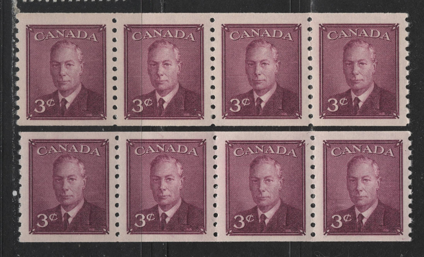 Lot 434 Canada #296&var 3c Rose Purple King George VI, 1949-1952 Postes-Postage Issue, 2 VFNH Coil Strips Of 6 On Horizontal & Vertical Wove Papers, With One Strip Showing Wider (4.5 mm Vs 4 mm) Spacing Between Pairs