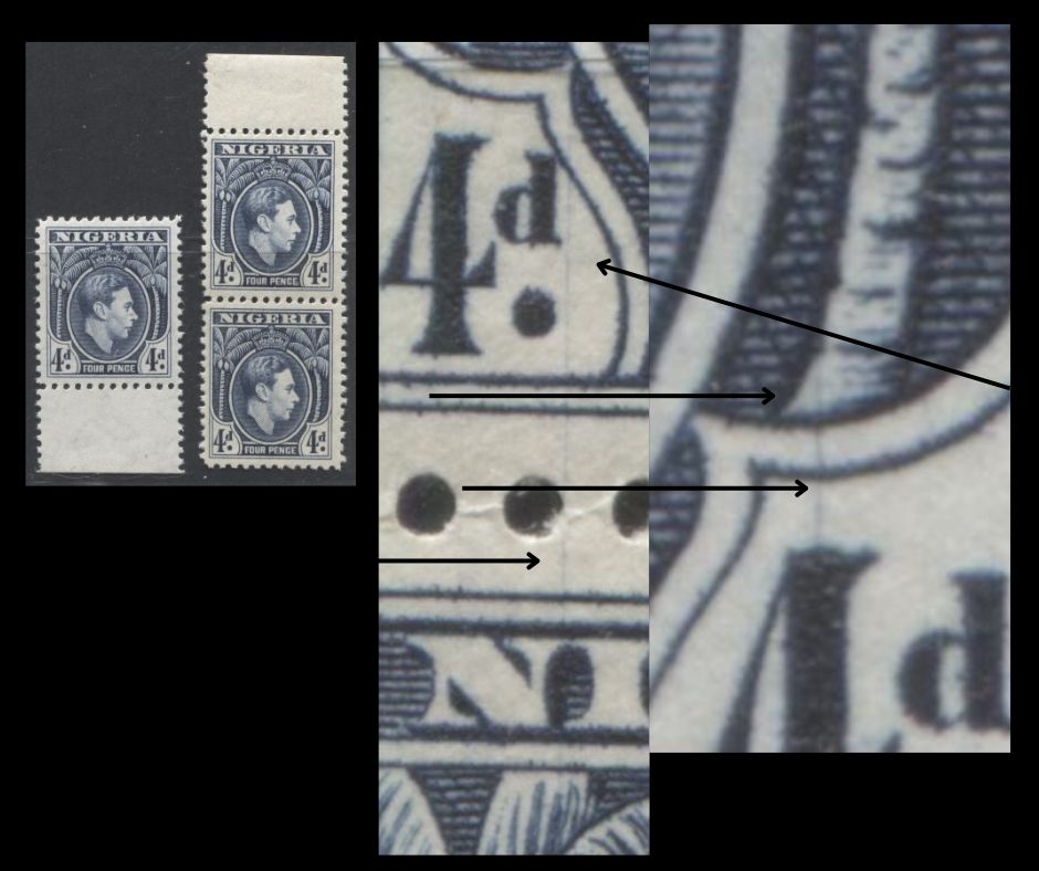 Nigeria #68var (SG#54avar) 4d Blue King George VI, 1938-1952 King George VI Definitive Issue, A VFNH Single & Vertical Pair, Line Perf 12, 1945 Printing, Constant Vertical Scratches From Right "4" to Trunk of Palm & Through Left "4d"