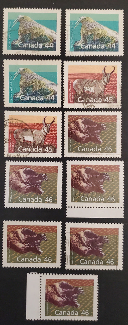 Canada #1171-1172Ag 44c-46c Multicoloured Walrus - Wolverine, 1987-1991 Mammal & Architecture Issue, 11 VF Used Singles All Different Printings, See Description