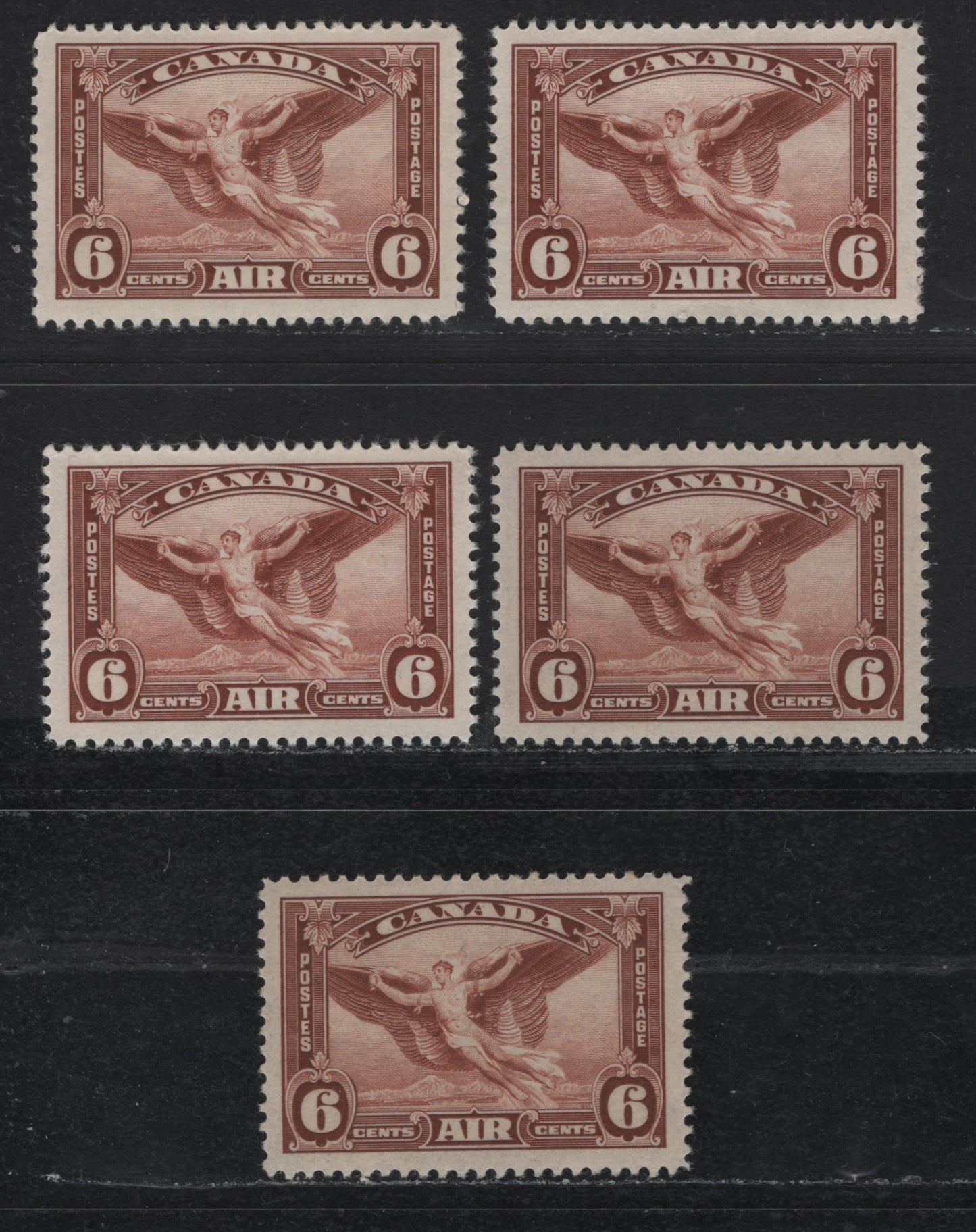 Lot 171 Canada #C5 6c Red Brown Daedalus, 1935-1937 Dated Die Issue, 5 VFOG Singles Different Paper & Gum Types - See Description For Details