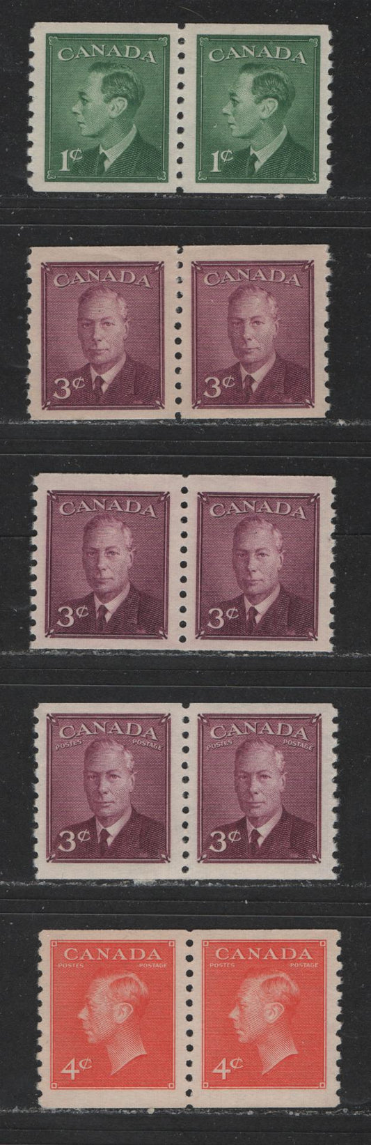 Lot 438 Canada #295-296, 299, 310 1c-4c Green - Vermilion King George VI, 1949-1952 Postes-Postage Issue, 4 VFNH Coil Pairs With & Without Postes Postage, Two Different Shades Of Rose Purple