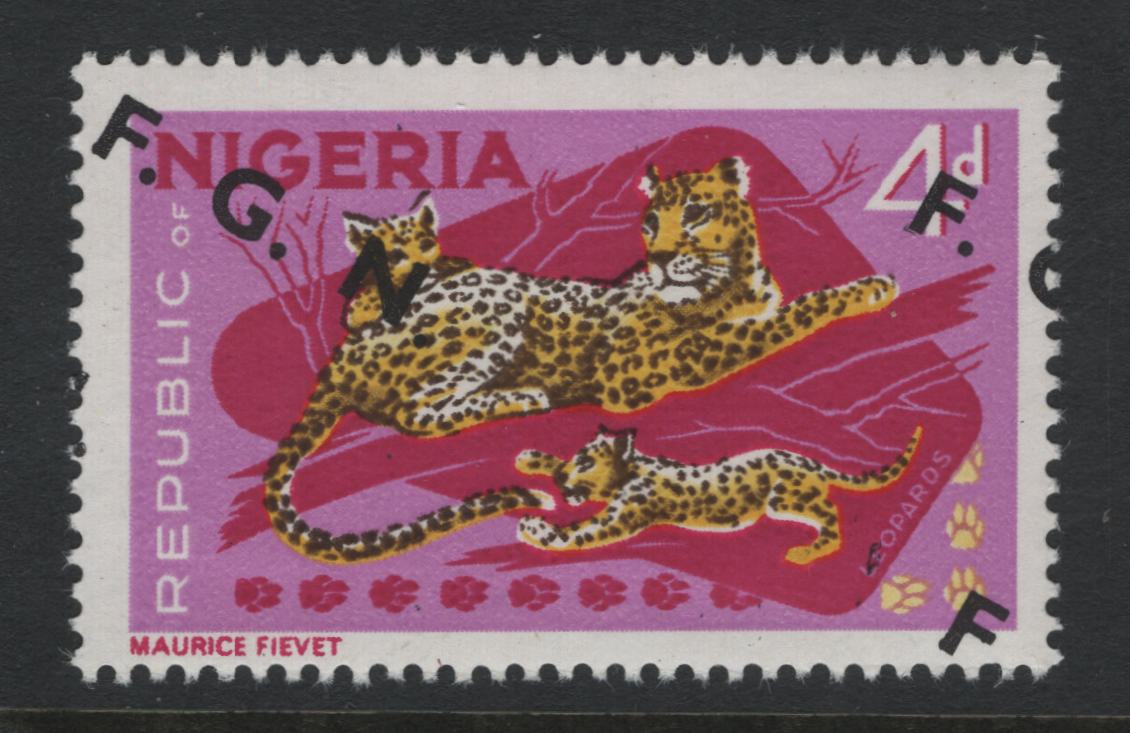 Lot 148 Nigeria SG#177avar 4d  Leopards, 1966-1973 Wildlife Definitives, A Fine NH Single On MF/DF Paper, Crackly Gum Arabic, Pink Background Under UV, Downward Slanted FGN Overprint, One Overprints & Parts Of Several Visible, Scarce, 1st Time Offered!