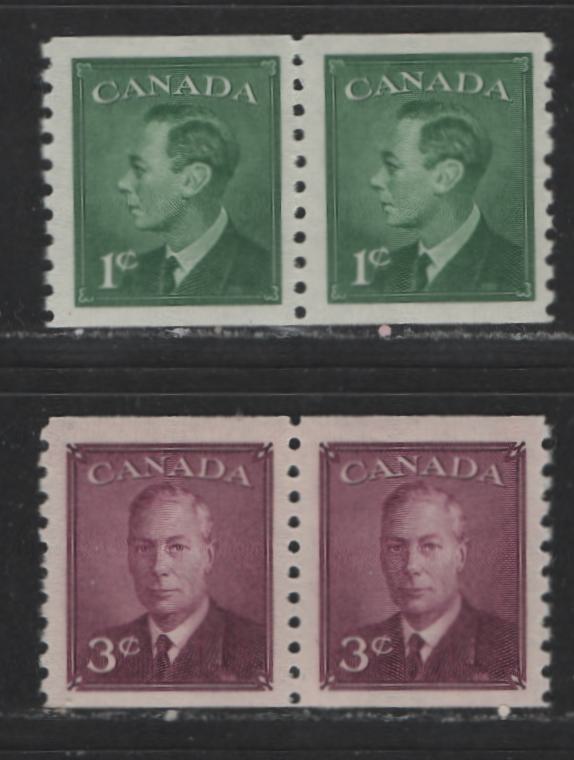 Lot 439 Canada #295-296 1c, 3c Green & Rose Purple King George VI, 1949-1952 Postes-Postage Issue, 2 VFNH Coil Pairs Without Postes Postage