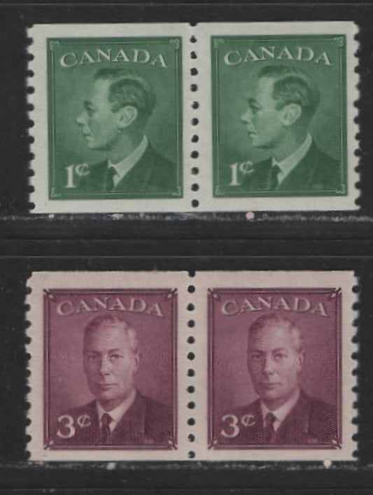 Lot 439 Canada #295-296 1c, 3c Green & Rose Purple King George VI, 1949-1952 Postes-Postage Issue, 2 VFNH Coil Pairs Without Postes Postage