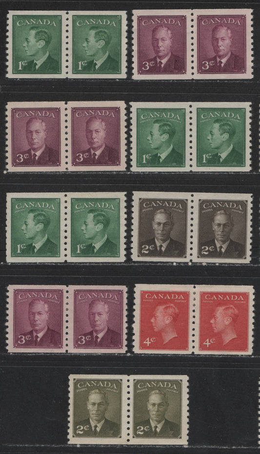 Lot 440 Canada #295-300, 309 1c-4c Green - Olive Green King George VI, 1949-1952 Postes-Postage Issue, 9 VFOG Coil Pairs With & Without Postes Postage, Plus 1c Pair With Gripper Marks & Two Shades Of 3c