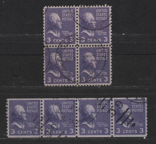 United States Of America #807, 842 3c Violet Thomas Jefferson, 1938-1954 Presidential Issue, A VF Used Block Of 4 & Coil Strip Of 4 Perf. 10 Vertically For Strip, Low Catalogue, But  Scarce This Nice