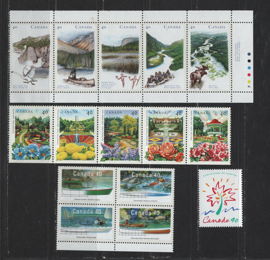 Canada #1315a, 1316, 1320a, 1325a 40c Multicoloured The Butchart Gardens - Main River, NL, 1991 Public Gardens - Heritage Rivers Issue, 2 VFNH Se-Tenant Strips Of 5 & Se-Tenant Block On NF/DF Coated Papers Paper, NF/DF & NF/LF Peterborough Paper