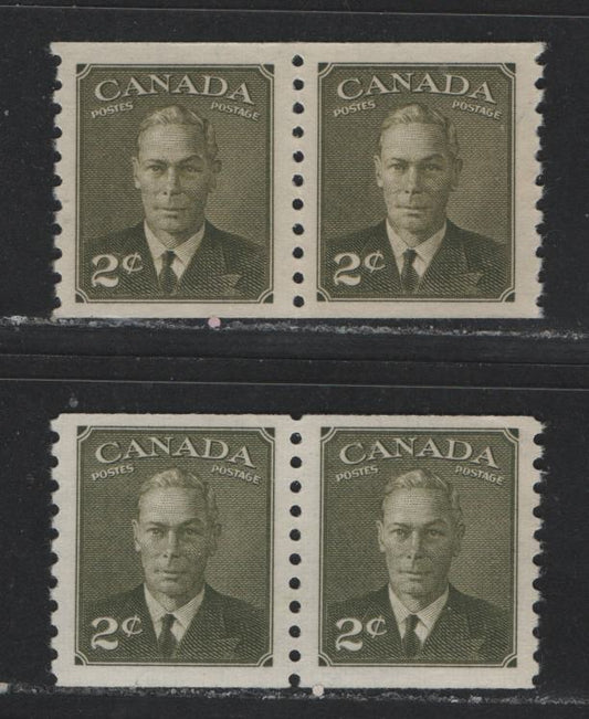 Lot 441 Canada #309 2c Olive Green & Deep Olive Green King George VI, 1949-1952 Postes-Postage Issue, 2 VFNH Coil Pairs On Paper With & Without Horizontal Ribbing Visible In The Gum, Semi-Gloss Cream Gum