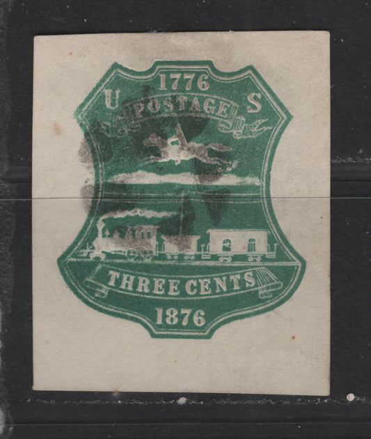 Lot 441 United States Of America #U219 3c Green Postrider & Train, 1876 Plimpton Centennial Issue, A Fine Used Single With Segmented Cork Cancel