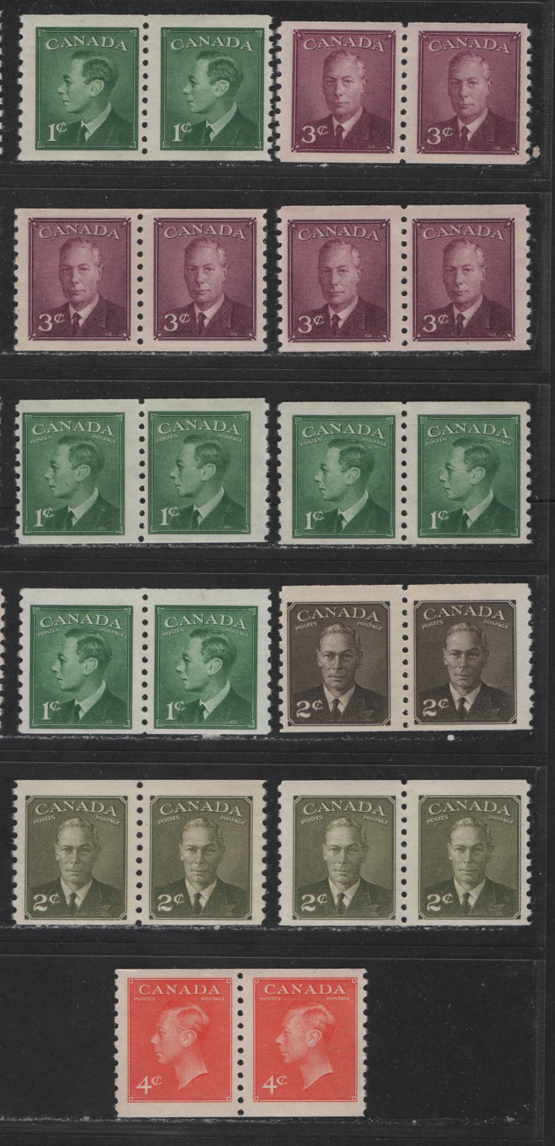 Lot 442 Canada #295-298, 309-310 1c-4c Green - Vermilion King George VI, 1949-1952 Postes-Postage Issue, 11 Fine NH Coil Pairs On Different Papers, Different Gum Types & Different Shades