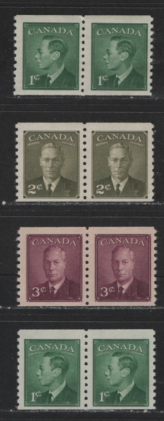 Lot 443 Canada #295-297, 309 1c-3c Green - Olive Green King George VI, 1949-1952 Postes-Postage Issue, 4 Fine NH Coil Pairs