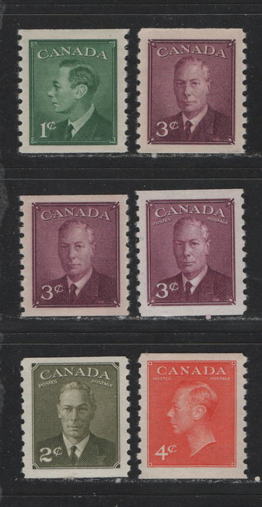 Lot 444 Canada #295-296, 299, 309-310 1c-4c Green - Vermilion King George VI, 1949-1952 Postes-Postage Issue, 6 VFNH Coil Singles Including Two Shades Of 3c Rose Purple, With & Without Postes-Postage