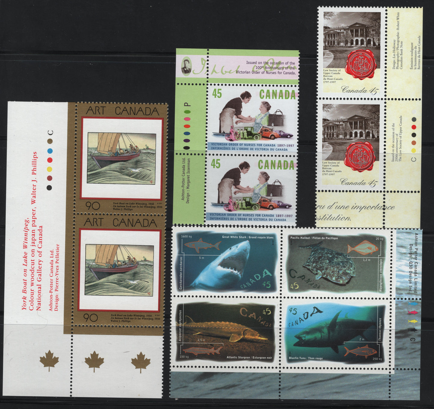 Canada  #1635, 1639-1644 45c Multicoloured York Boat On Lake Winnipeg - Bluefin Tuna , 1997 Ocean Water Fish Issue, 3 VFNH Inscription Pairs & Inscription Block