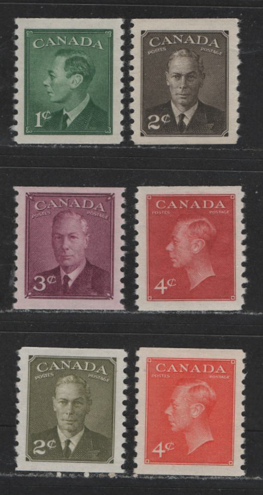 Lot 445 Canada #295, 298-300, 309-310 1c-4c Green - Vermilion King George VI, 1949-1952 Postes-Postage Issue, 6 VFOG Coil Singles