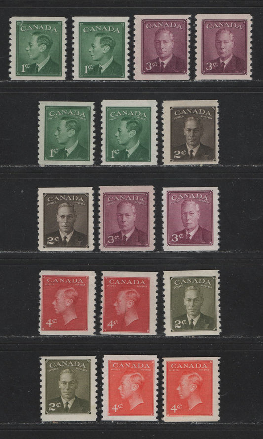 Lot 446 Canada #295-300, 309-310 1c-4c Green - Vermilion King George VI, 1949-1952 Postes-Postage Issue, 16 Fine NH & OG Coil Singles On Different Papers, Different Gum Types & Different Shades, All NH But One 2c Sepia