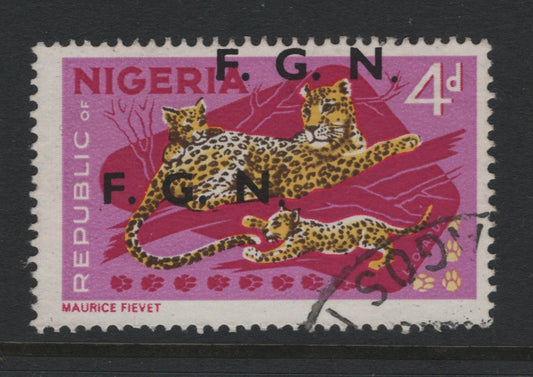 Lot 148 Nigeria SG#177avar 4d Leopards, 1966-1973 Wildlife Definitives, A Fine Used Single On MF/DF Paper, Pink Background Under UV, FGN Overprint Shifted Upward,  With Lagos Registry Cancel, Though Date Not Visible, Rare, First Time Offered
