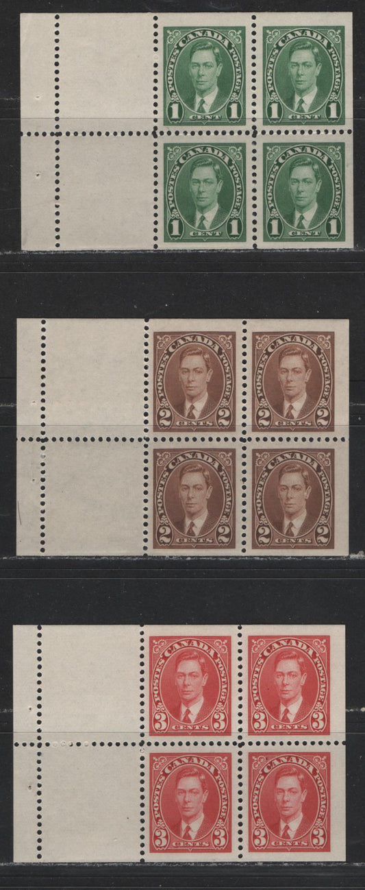 Lot 449 Canada #231a-233a 1c-3c Green - Carmine King George VI, 1938-1942 Mufti Issue, 3 VFNH Booklet Panes Of 4 + 2 Labels On Vertical Wove Paper With Clear Vertical Mesh & Cream Gum