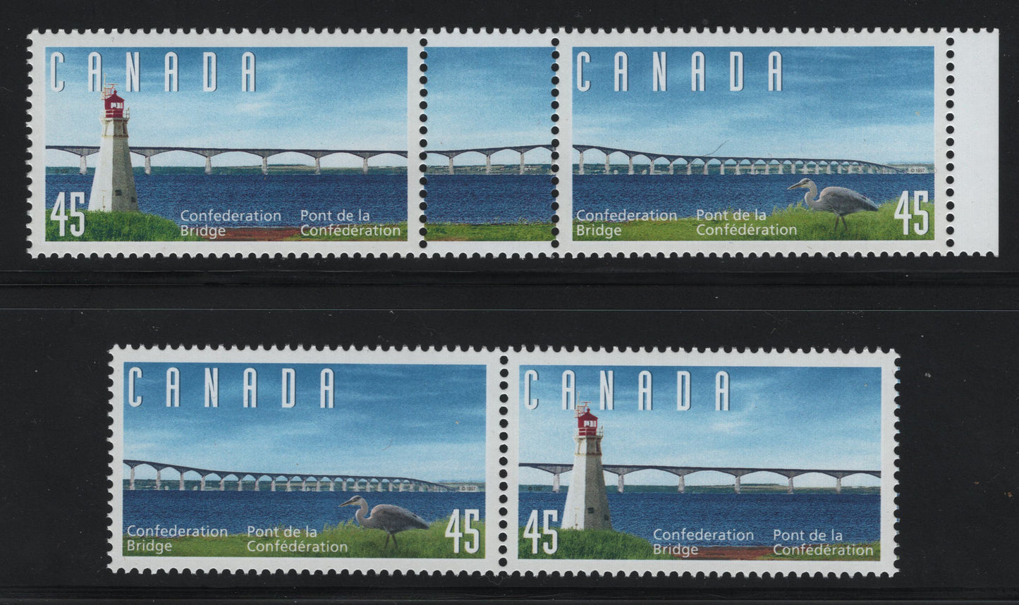 Canada  #1646a, i 45c 1997 Confederation Bridge Issue, A VFNH Stamp-Tab-Stamp Pair & Pair On DF1 Coated Papers Paper, Showing Blurring Of Inscriptions Due To Leftward Shift Of The Dark Blue Into The White Lettering