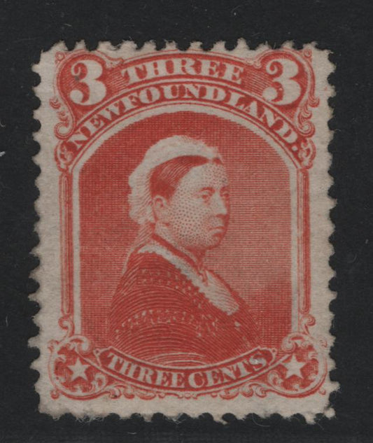 Lot 45 Newfoundland #33 3c Vermilion Queen Victoria, 1868-1894 Second Cents Issue, A VG Unused Single