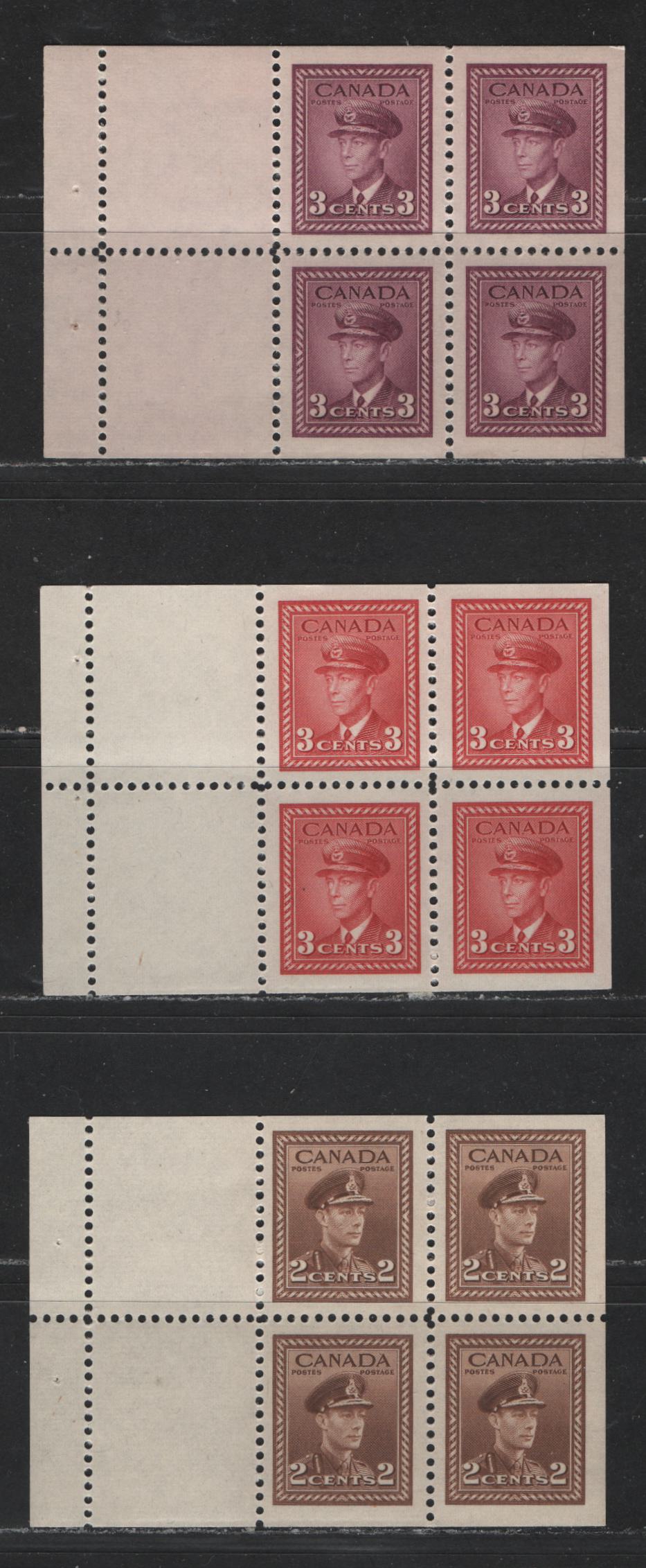 Lot 451 Canada #250a, 251a, 252a 2c-3c Brown - Rose Purple King George VI, 1942-1949 War Issue, 3 VFNH Booklet Panes Of 4 + 2 Labels On Vertical Wove Paper With Clear Vertical Mesh & Horizontal Ribbed Paper & Cream Gum