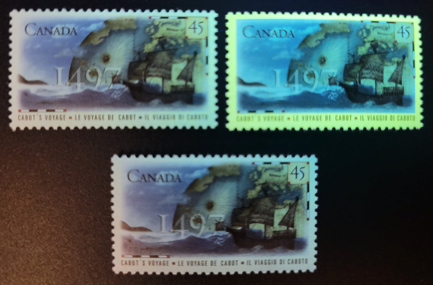 Canada  #1649-i&var 45c Multicoloured The Matthew, Map & Globe, 1997 Cabot Issue, 3 VFNH Singles Mild & Weak Fluirescent Coated Paper and Fluorescent Coated With GT-4 Tagging As Well