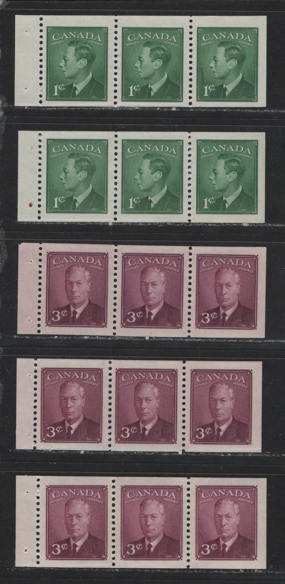 Lot 452 Canada #284a, 286a 1c, 3c Green - Rose Purple King George VI, 1949-1952 War Issue, 5 VFNH Booklet Panes Of 3 On Horizontal Ribbed Paper With Semi-Gloss & Satin Gum Types, Different Shades