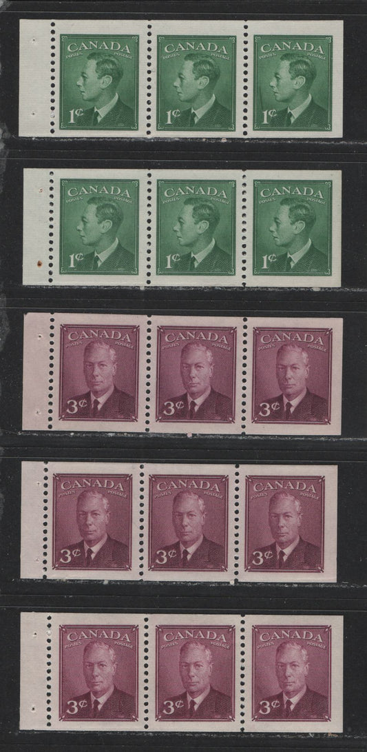 Lot 452 Canada #284a, 286a 1c, 3c Green - Rose Purple King George VI, 1949-1952 War Issue, 5 VFNH Booklet Panes Of 3 On Horizontal Ribbed Paper With Semi-Gloss & Satin Gum Types, Different Shades