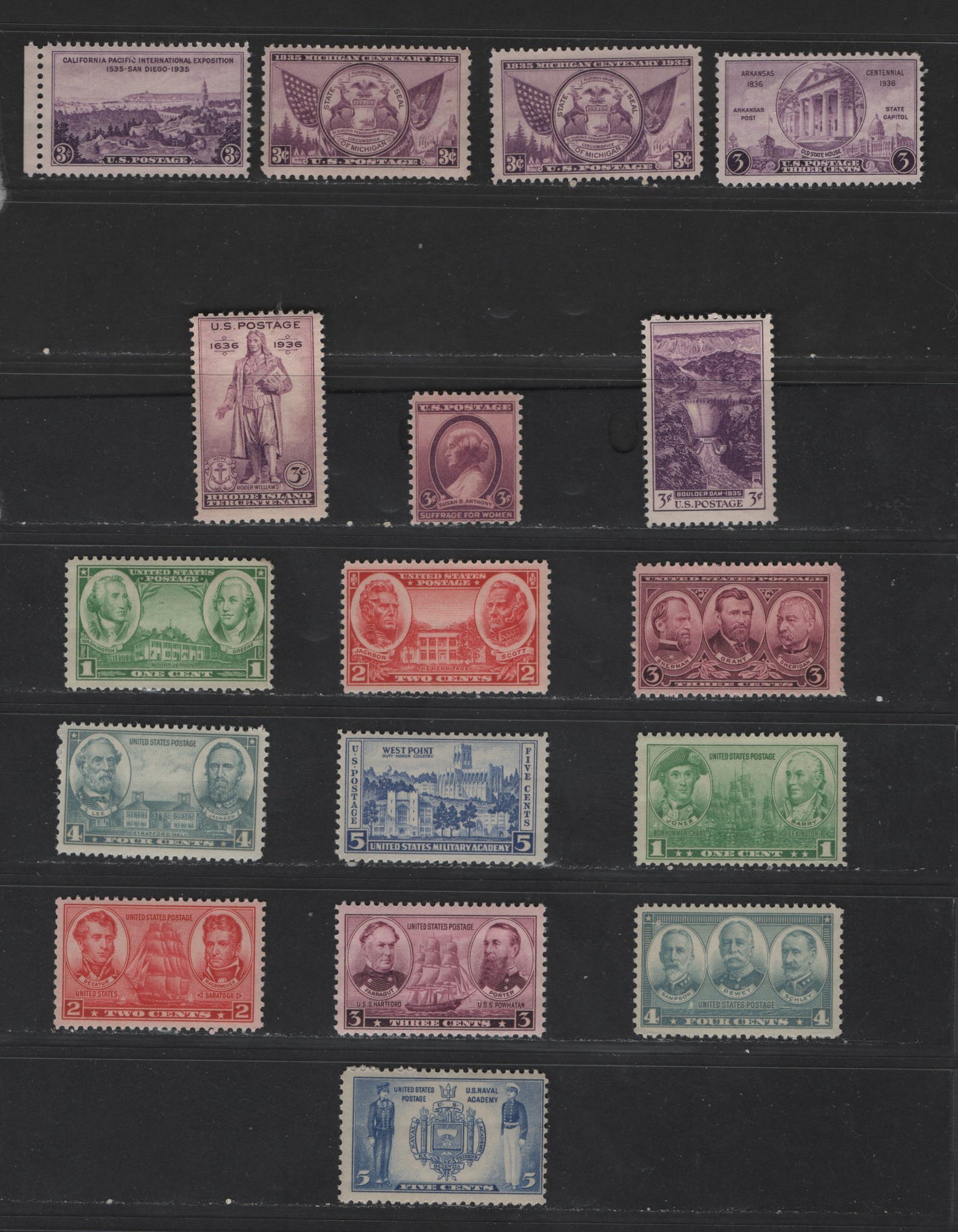 United States Of America #773/794 1c-5c Purple - Ultramarine San Diego - Navy Academy Seal & Midshipmen, 1936-1937 California Pacific Exposition - Navy Issues, 17 Fine NH Singles One Extra Shade Of Michigan Centenary Issue