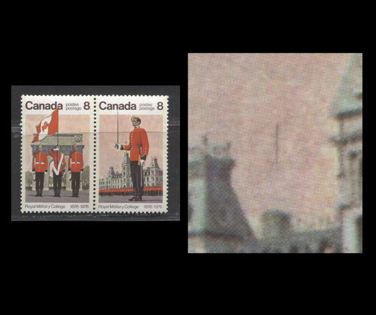 Canada #693ii 8c Multicoloured 1976 Royal Military College, A VFNH Pair Printed DF/DF Paper, Showing Constant “Flagstaff” Variety