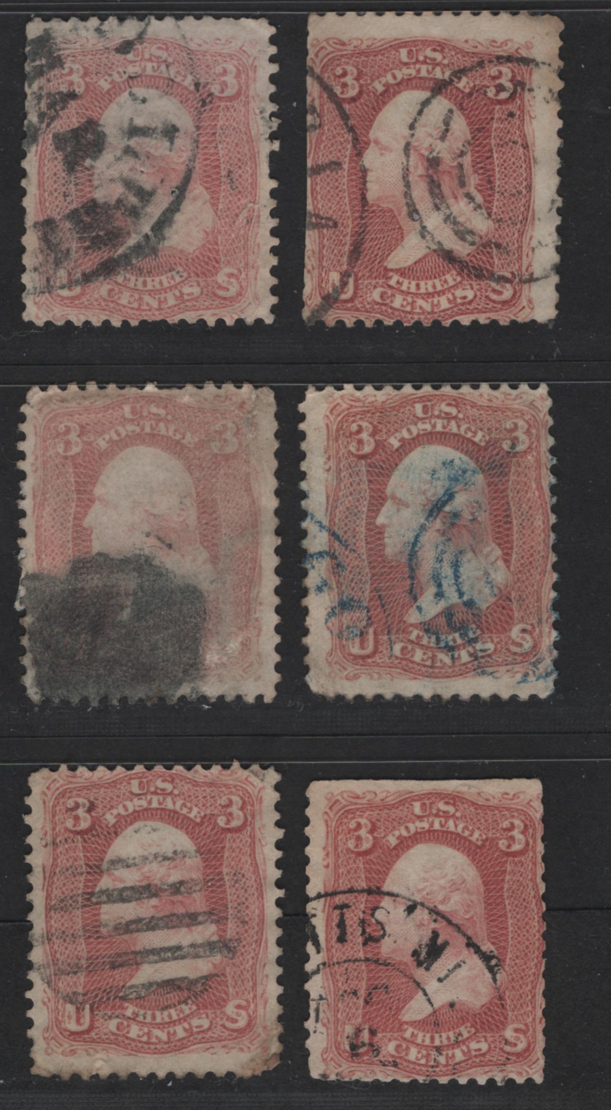 Lot 298 United States Of America #65 3c Rose - Pinkish Rose George Washington, 1861-1869 Civil War Issue, 6 Ungraded Used Singles Showing The Range Of Rose Shades, Sold For Reference Only