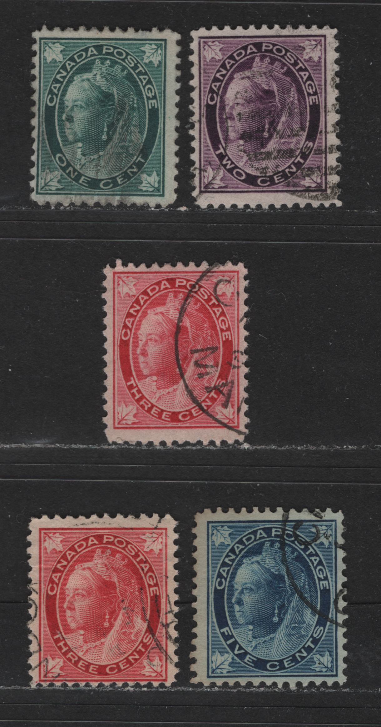 Lot 453 Canada #67-70 1c-5c Blue Green - Dark Blue On Bluish Queen Victoria, 1897-1898 Maple leaf Issue, 5 Fine Used Single On Vertical Wove Paper, Plus A 3c & 5c On Horizontal Wove