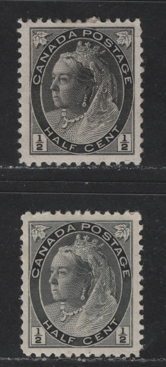 Lot 454 Canada #74, 74i 1/2c Grey Black & Deep Grey Black Queen Victoria, 1898-1902 Numeral Issue, 2 VFOG Singles On Vertical Wove Paper