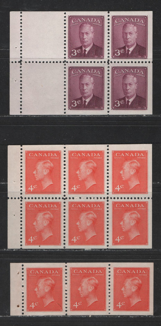 Lot 455 Canada #286b, 306a-b 3c-4c Rose Purple - Vermilion King George VI, 1949-1952 Postes-Postage Issue, 3 VFNH Booklet Panes Of 3, 4 & 6 Small Spot on Gum Of 3c Pane