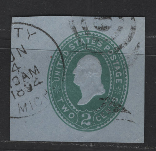 Lot 455 United States Of America #U321 2c Green George Washington, 1887-1894 Plimpton Issue, A Fine Used Single On Blue Paper, Die 3, Showing 2 Vertical Lines At Corner Of Mouth & Ear With 2 Lines & 2 Locks Of Hair