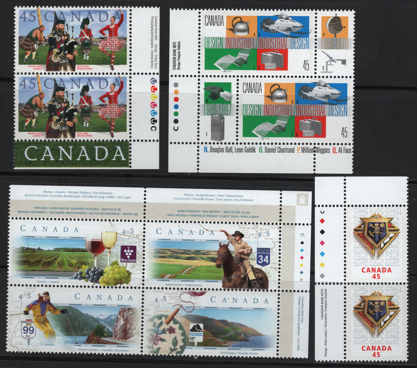 Canada  #1653a-1656 45c Multicoloured Sea To Sky Highway - Knights Of Columbus Emblem, 1997 Scenic Highways - Knights Of Columbus Issues, 3 VFNH Inscription Pairs & Inscription Block