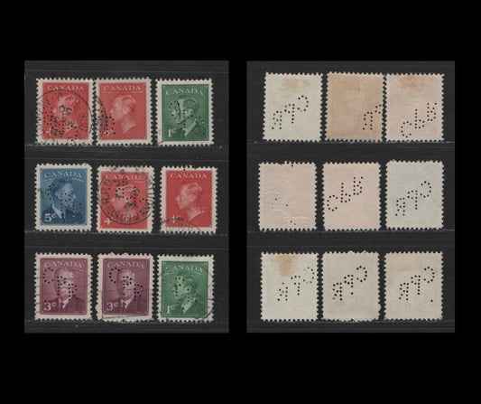 Lot 457 Canada #284/292 1c-5c Green - Deep Blue King George VI, 1949-1952 Postes-Postage Issue, 9 Fine & VF Used Singles Inverted & Upright CPR Perfins