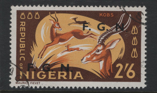 Lot 149 Nigeria SG#182var 2/6d  Kobs, 1966-1973 Wildlife Definitive Issue, A VF Used Single On HF/Mottled HF Paper, Deep Red Brown Background, Overprinted FGN Horizontally, Postally Used, Light Lagos Corner CDS, Rare, First Time We Have Seen Or Offered