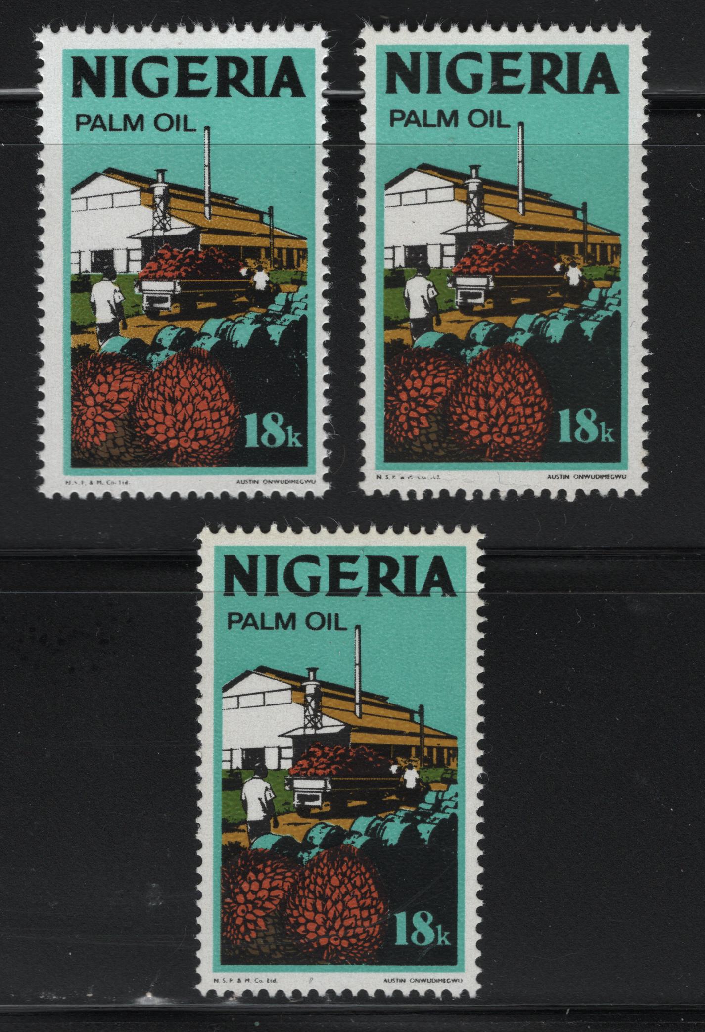 Nigeria #300a 18k Multicoloured Palm Oil, 1973 Nigerian Life & Industry Definitive Issue, 3 Fine NH & VFNH Singles Scarce Photogravure Printings On HB/MF6, HF/MF6 and MF7/MF6 Papers - Nearly All 18k Were Lithographed