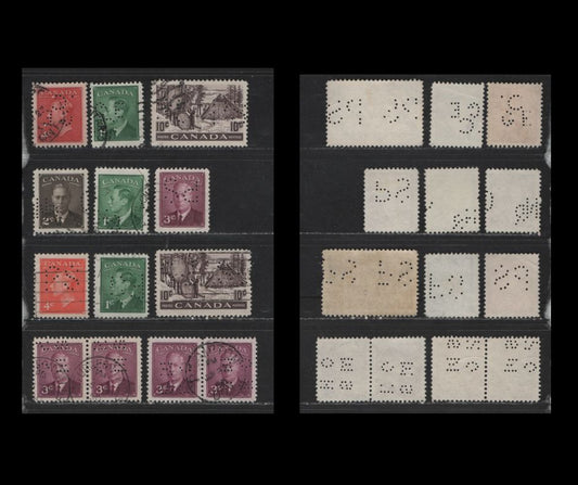 Lot 458 Canada #284/306 1c-10c Green - Violet Brown King George VI & Drying Furs, 1949-1952 Postes-Postage Issue, 9 Fine & VF Used Singles & 2 Pairs GCE, CNR PS & OHMS Perfins, Different Positions