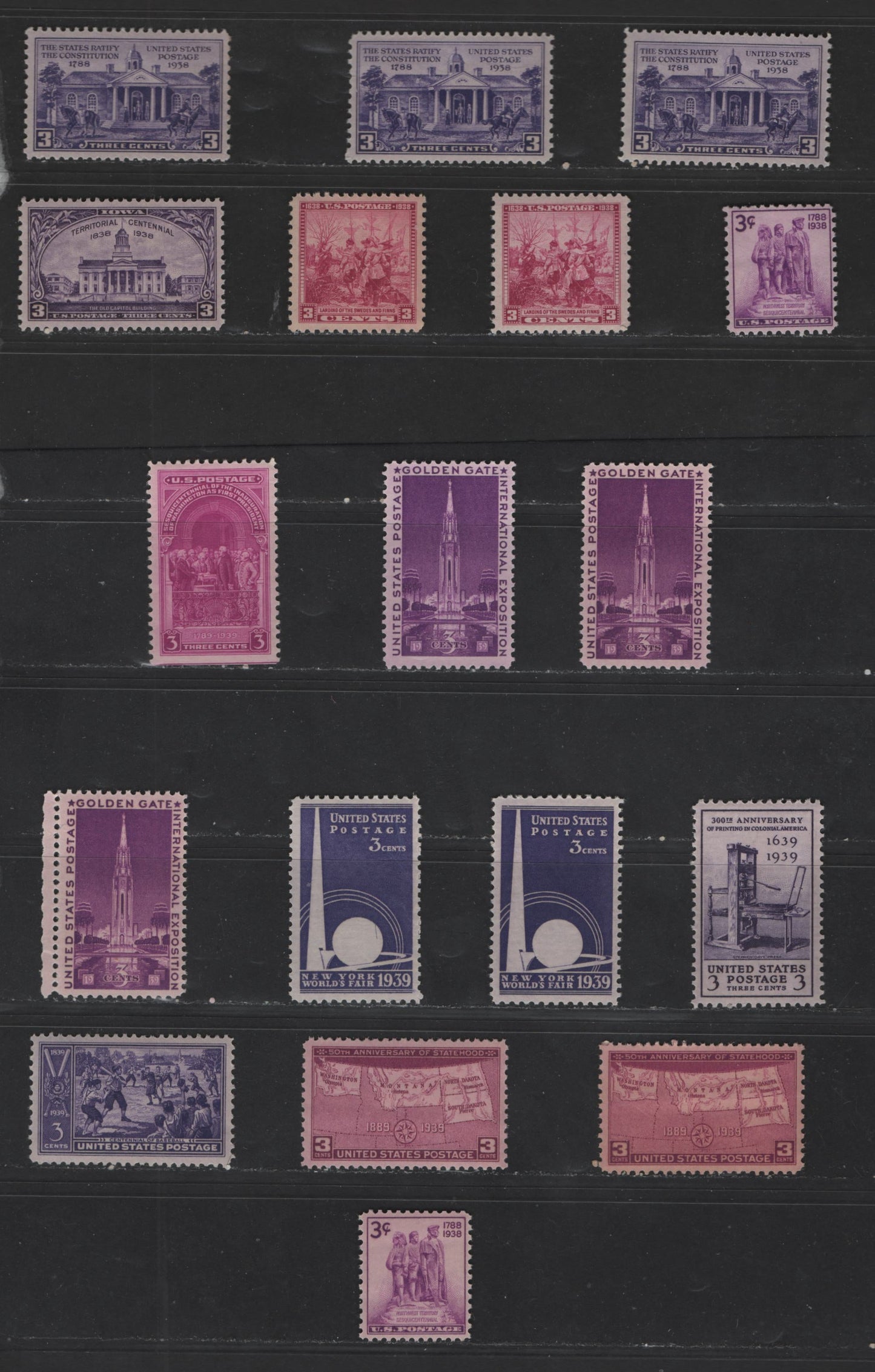 Lot 459 United States Of America #835/858 3c Purple & Violet Shades, 1938-1939 Constitution Ratification - 50th Anniversary Of Statehood Issues, 18 VFNH Singles Some Shade Variations, Different Gum Breaker & Ridge Patterns